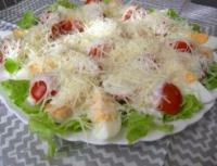Salade met kip, kaas en tomaten - een goed begin van de dag Salade met kip-tomaten-kaas-mayonaise